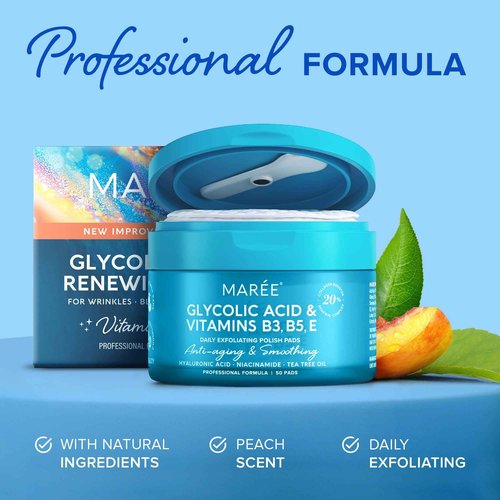 MAREE Bundle - Glycolic Acid Peel Pads, Lip Mask Under Eye Gels - Salicylic Acid, Marine Collagen & Hyaluronic Acid, Coconut Oil - Deep Cleaning Effect, Nourish & Hydrate Dry Lips, De-puff Eyes