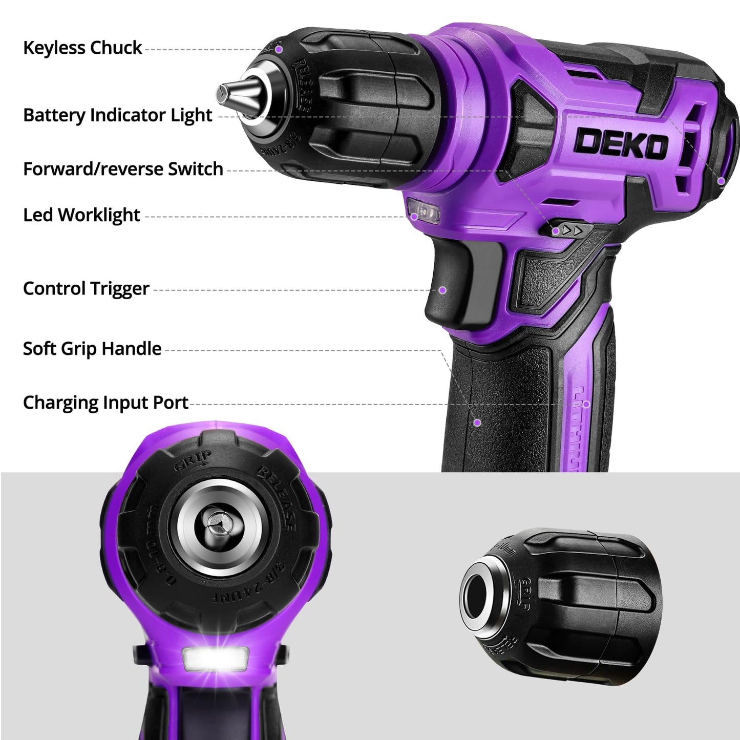 DEKOPRO Tool Set: Tool Kit with 8V Cordless Drill, Hand Toolbox with storage case, Tool set for Home Repairs 126 Piece, Purple