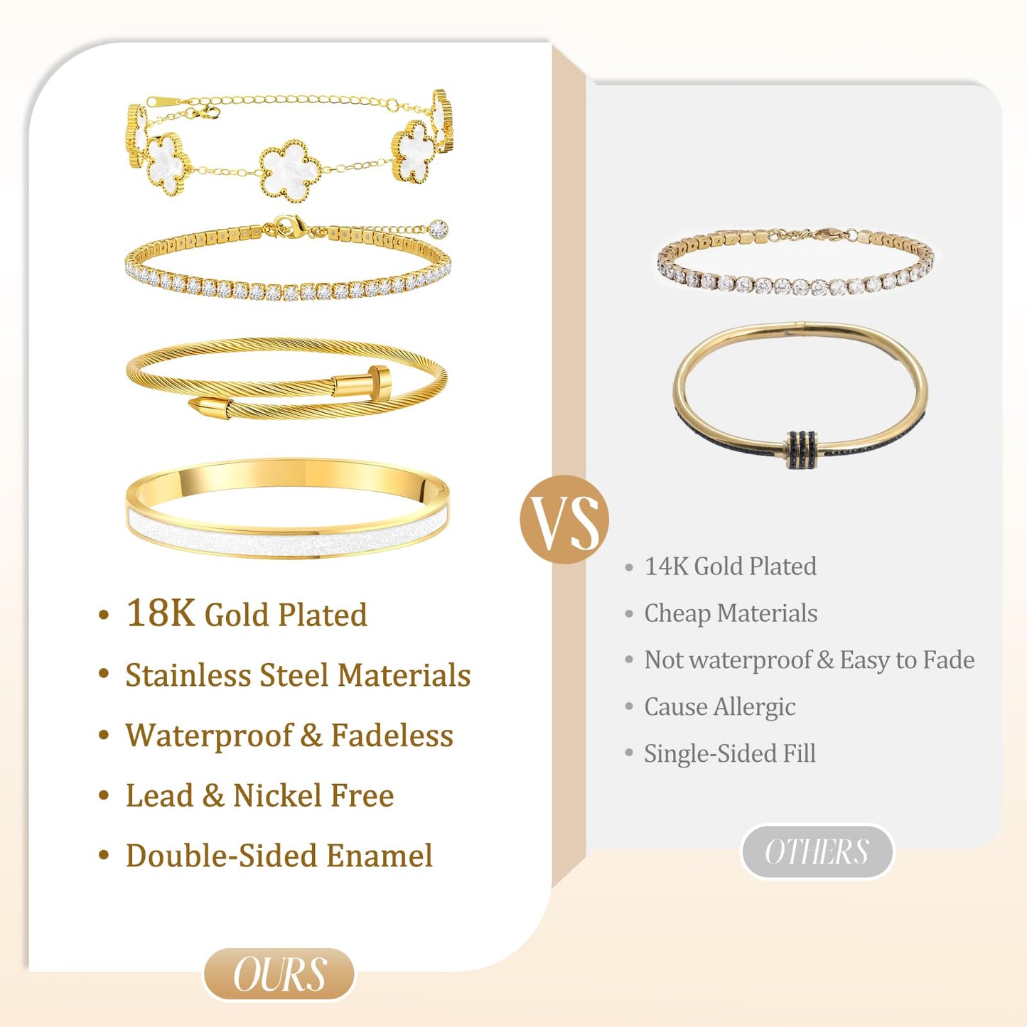 MOINSPIRE 18K Gold Plated Bracelets for Women, Stainless Steel Four Leaf Clover Tennis Nail Love Bangle Bracelets Set, Trendy Stackable Twist Cuff Bracelet Non Tarnish Jewelry Gifts for Christmas