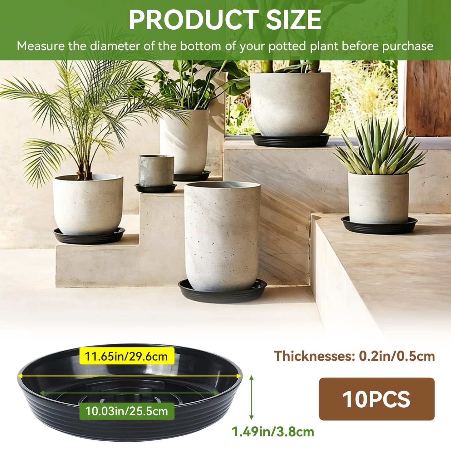 AKODENORA 10 Pack Plant Drip Trays, 10inch Heavy Duty Plastic Plant Saucer, Plant Pot Saucers Bulk, 1.5'' Deeper Plant Plates to Catch Water Durable Flower Pot Plant Saucer for Indoors Outdoor Use