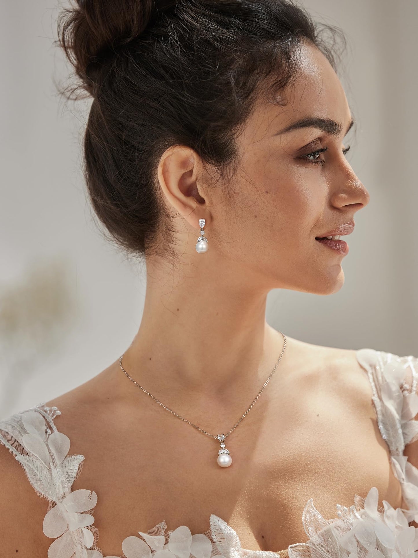 SWEETV Pearl Wedding Jewelry Set For Brides, Cubic Zirconia Wedding Necklace and Earrings Set, Elegant Bridal Jewelry Set for Women Bridesmaids Prom