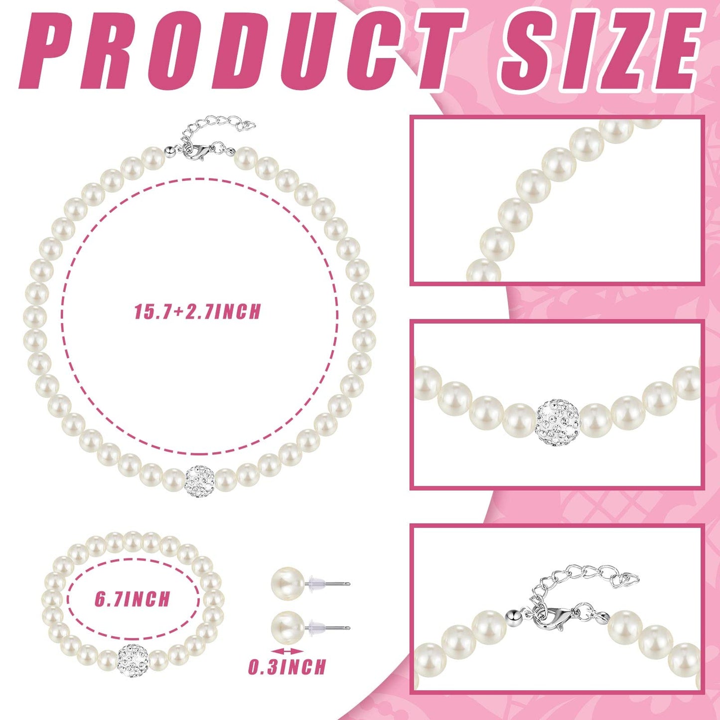 Geyoga 4 Pcs Pearl Necklace Set for Little Girls Toddler Girls Jewelry Communion Gloves for Kids Christmas Tea Party Wedding(Modern Style,8-12 Years)