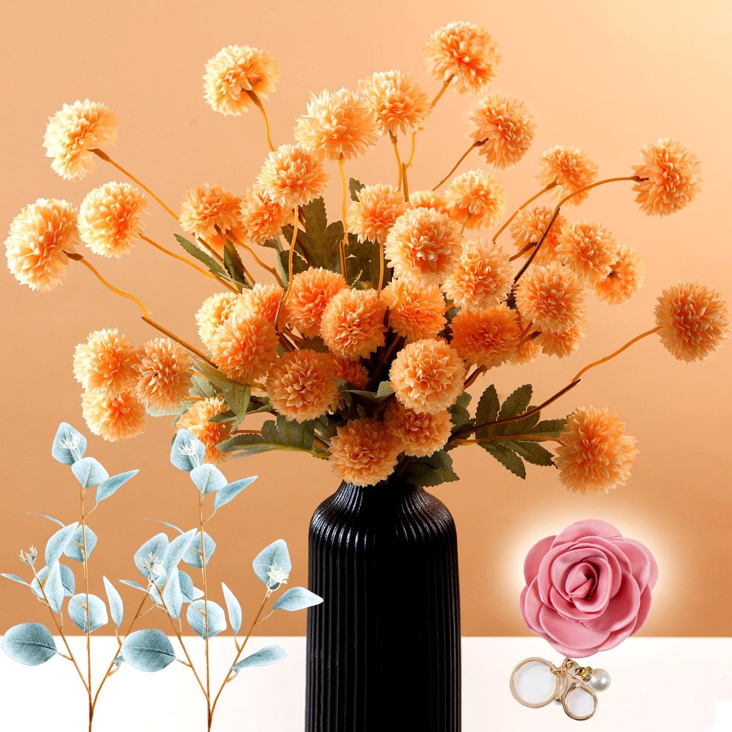 Faux Kiku Flower White, 10 Stems & 2 Eucalyptus Stems, Fall Mini Chrysanth with Stems for Thanksgiving Wedding Home Floral Arrangement Decoration (White)