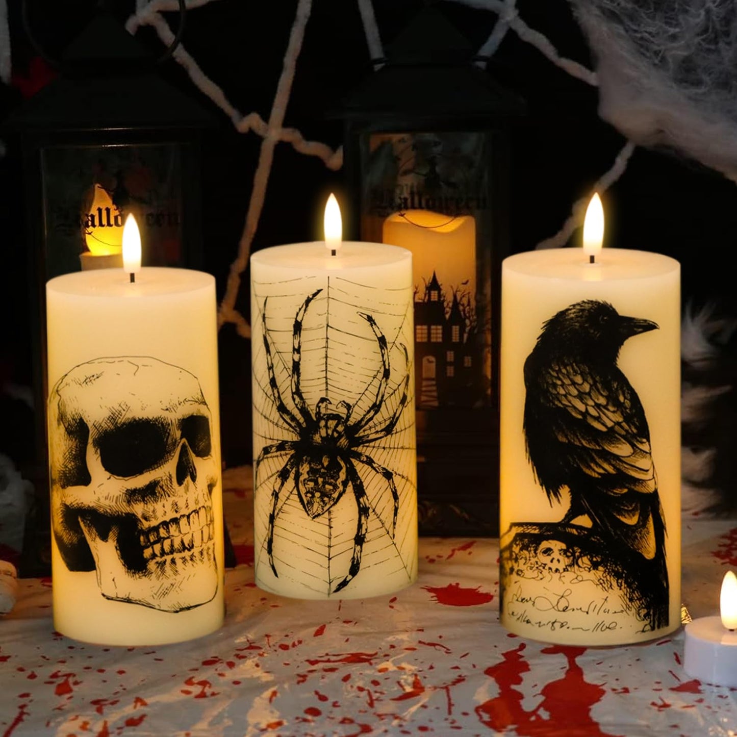 DRomance Halloween Flameless Candles Battery Operated with Remote and Timer, Real Wax 3D Wick LED Flickering Pillar Candles Skull Crow Spider Web Decals Dinner Halloween Decor(3 Pack, 3" D x 6"" H)"