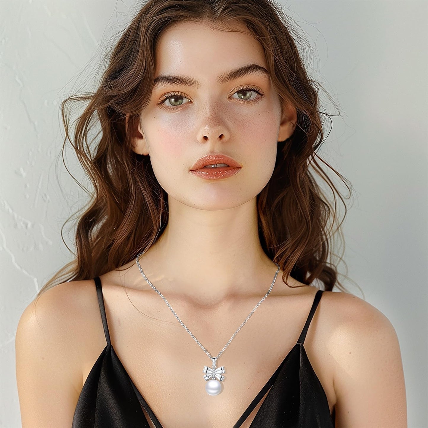 13 mm Bow Pearl Necklace 925 Sterling Silver Jewelry 5A Cubic Zirconia Pendant Necklace Gifts for Mom Women Girlfriend Grandma Lover Her Wedding Birthday Anniversary Engagement Valentine's Day