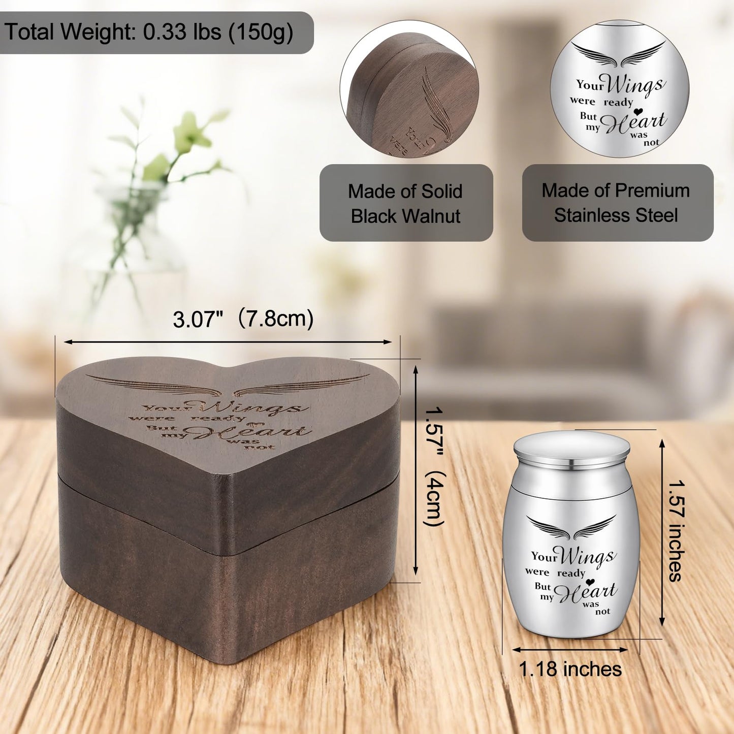 Dletay Angel Wing Small Urns for Human Ashes Heart Shaped Wooden Keepsake Box 1.57 Inches Mini Cremation Urns for Women Men Memorial Funeral Urn