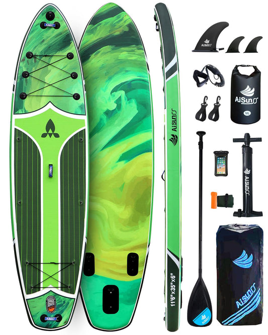 AISUNSS 11'6''x35'' Super Wide Inflatable Paddle Board, 450lb Capacity Premium Stable SUP Board for 2+1 People/Family w/100L Backpack, Dual-Action Pump, Safety Leash (Green Oil Painting)