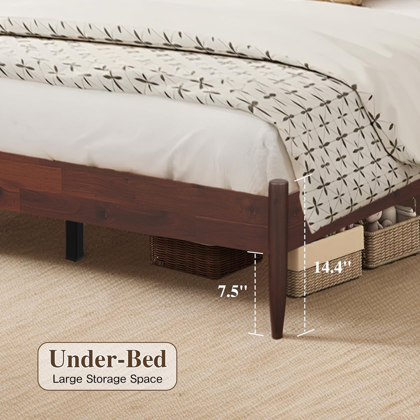 CBHME Queen Bed Frame with Rattan Headboard, Solid Wood Foundation with 12-Slat Wood Support, Bohemian and Mid Century Style, No Box Spring Needed, Dark Walnut