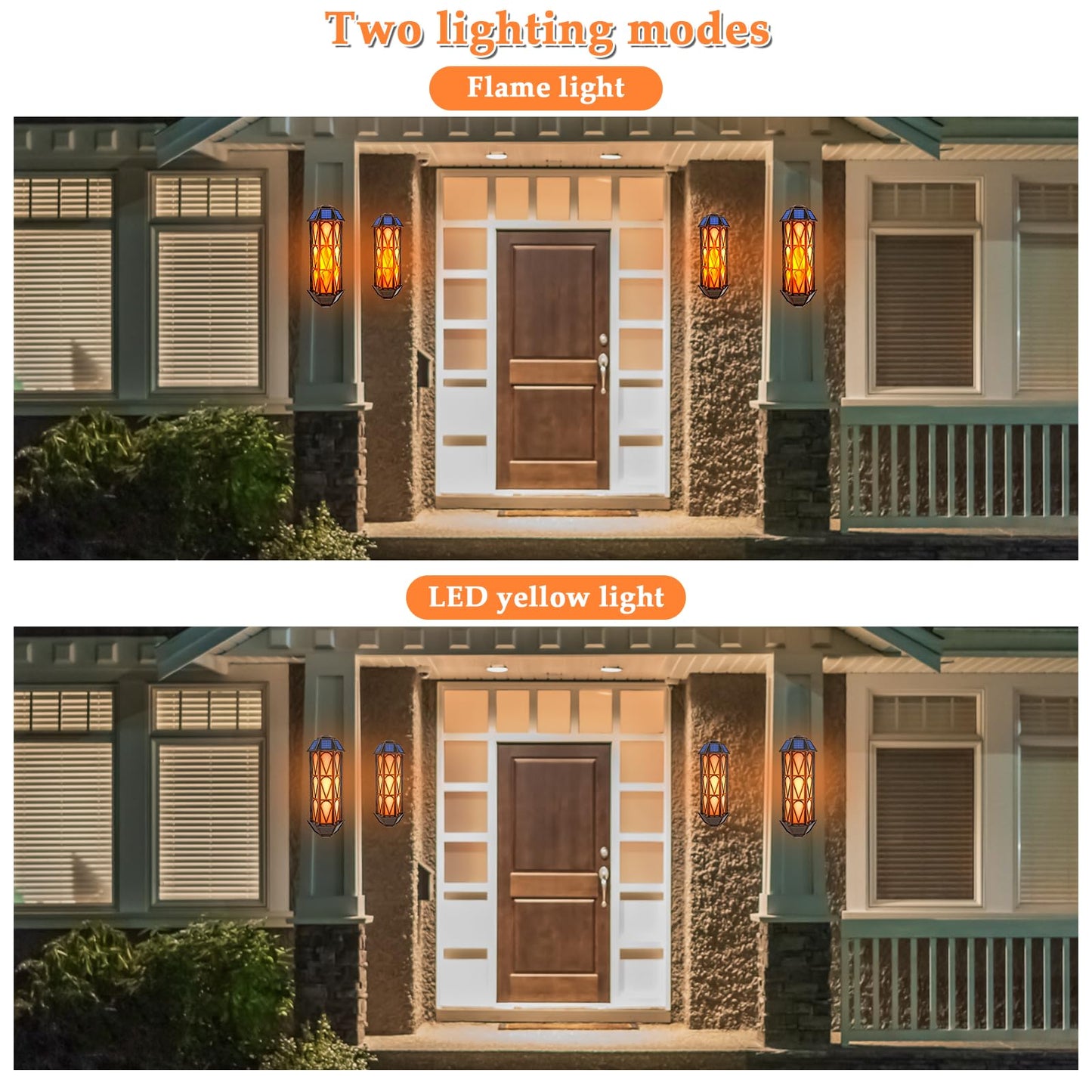 Solar Flame Wall Sconce Lights Outdoor, 74 LED Flickering Flame Sconces, Solar Powered Auto On/Off, Waterproof Wall Lanterns for House Garage Doorway Garden Porch Patio Yard Decoration (2 Pack)