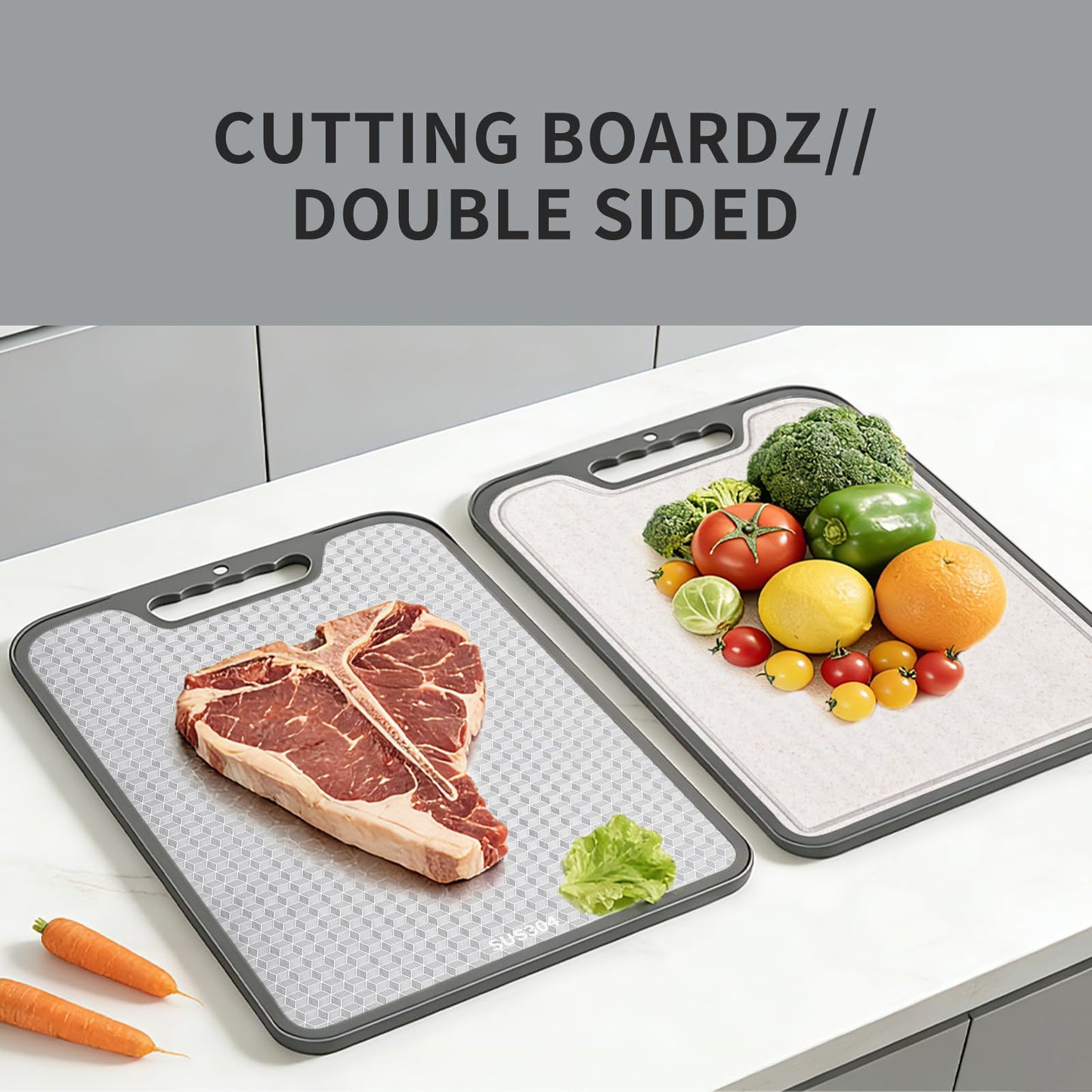 2-in-1 Double Sided Cutting Board, SUS304 Stainless Steel & Wheat Straw Cutting Board, Non-Slip Kitchen Chopping Board for Meat, Vegetables, Fruits, Dishwasher Safe（16inchX11inch）
