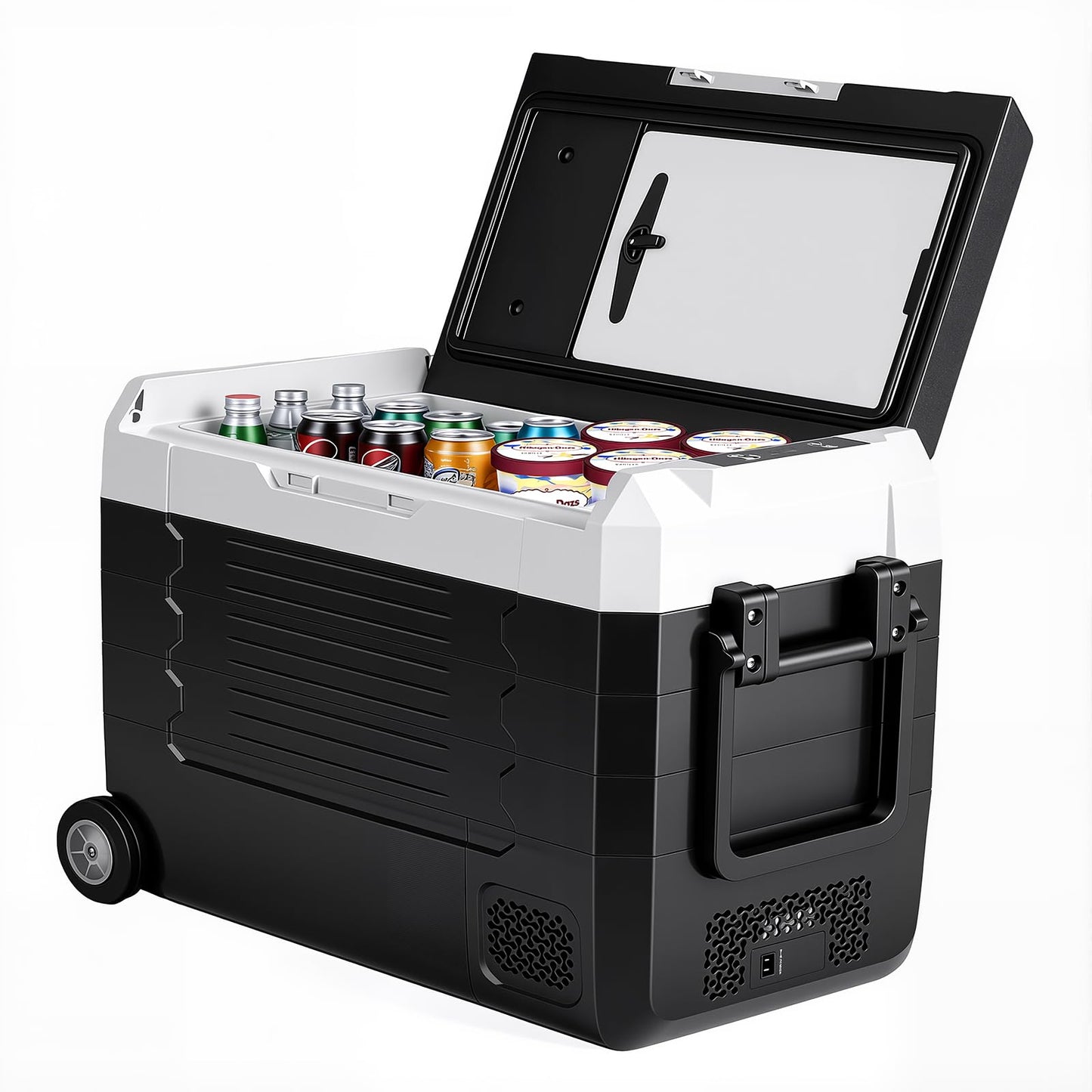 OLIXIS Portable Car Refrigerator, 53QT Dual-Zone Electric Cooler for Vehicles with Wheels & Cutting Board, -4℉-68℉ Freezer Smart Control via Bluetooth, Battery Protection, 12/24V DC & 100-240V AC