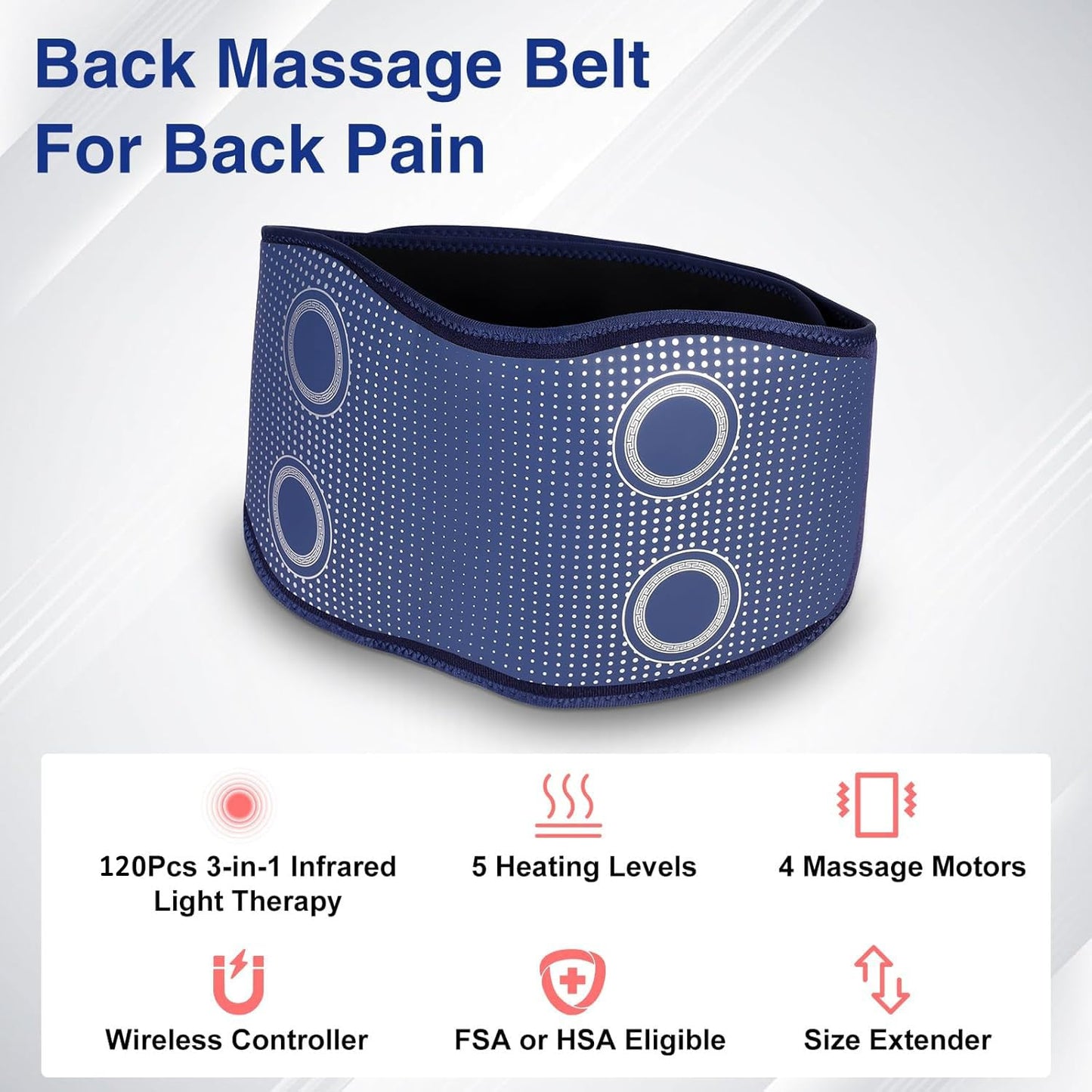 Cordless Back Massager Belt - FSA-HSA Eligible Red Light Therapy Massage Belt with 5 Heating Levels,3 Vibration Modes, Lower Back Massager for Pain Relief Deep Tissue,4 Motors,Battery-Powered (Blue)