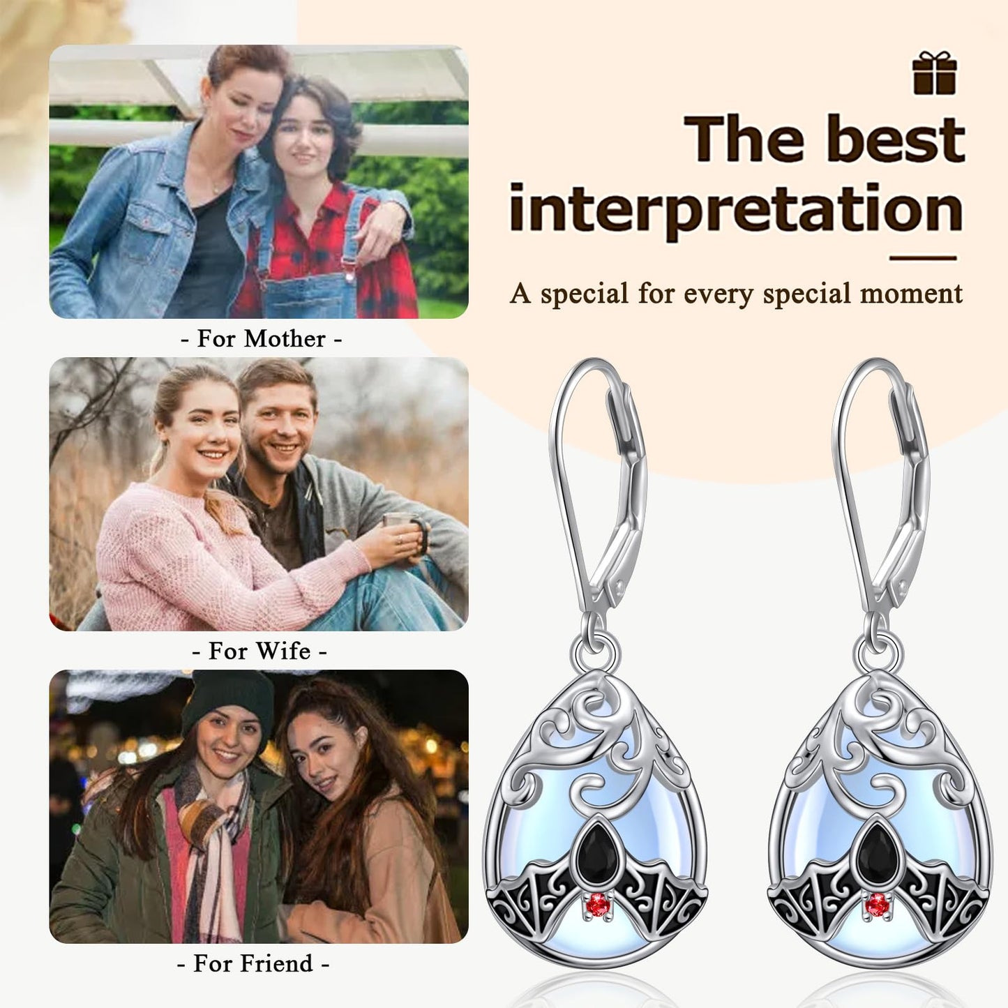 SHAOAN 925 Sterling Silver Bat Moonstone Dangle Drop Earrings for Women Leverback Animal Earrings Jewelry Gift for Halloween Birthday Christmas
