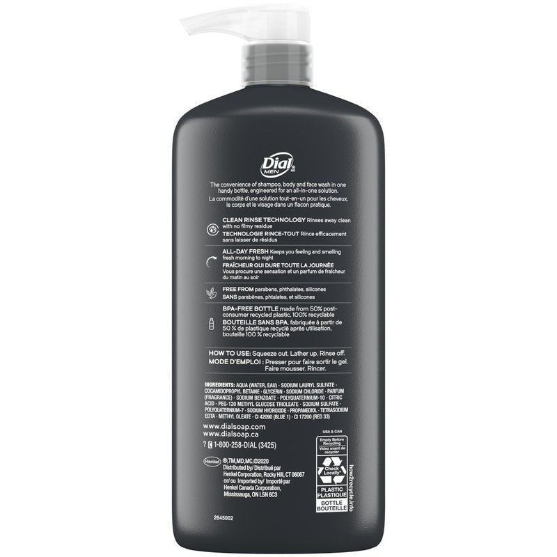 Dial Men 3 in 1 Body, Hair and Face Wash, Refresh, 16 Fl Oz, Pack of 3, Cleanses Deep + Gentle on Skin with Clean Rinse Technology