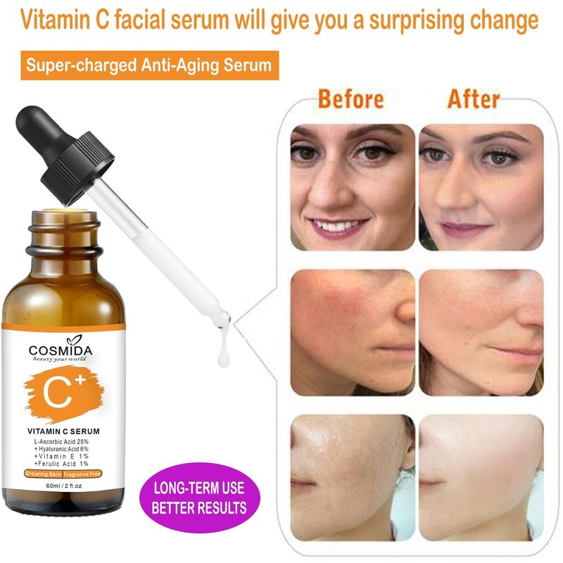 Cosmida Vitamin C Face Serum with Hyaluronic Acid,Anti Aging Skin Brightening Serum for Dark Spots,Acne,Wrinkles to Visibly Glow,Korean Skin care Ferulic Acid serum for Sensitive Skin