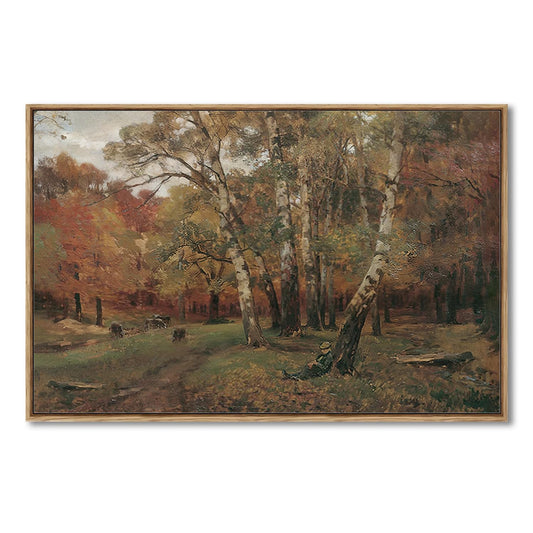 AIMAILON Vintage Framed Canvas Wall Art Home Decoration Retro Scenery Artwork Decor for Living Room Office Autumn Tree Landscape Boy Grazing Print Classical Painting 10x12