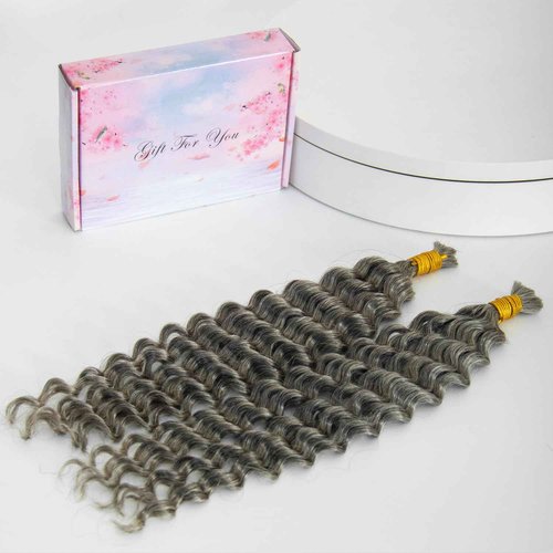 KRN Grey Deep Wave Bulk Human Braiding Hair 2 Bundles/Pack 100g Curly for Boho Braids 12A Salt And Pepper No Weft Wet and Wavy Gray 18Inch