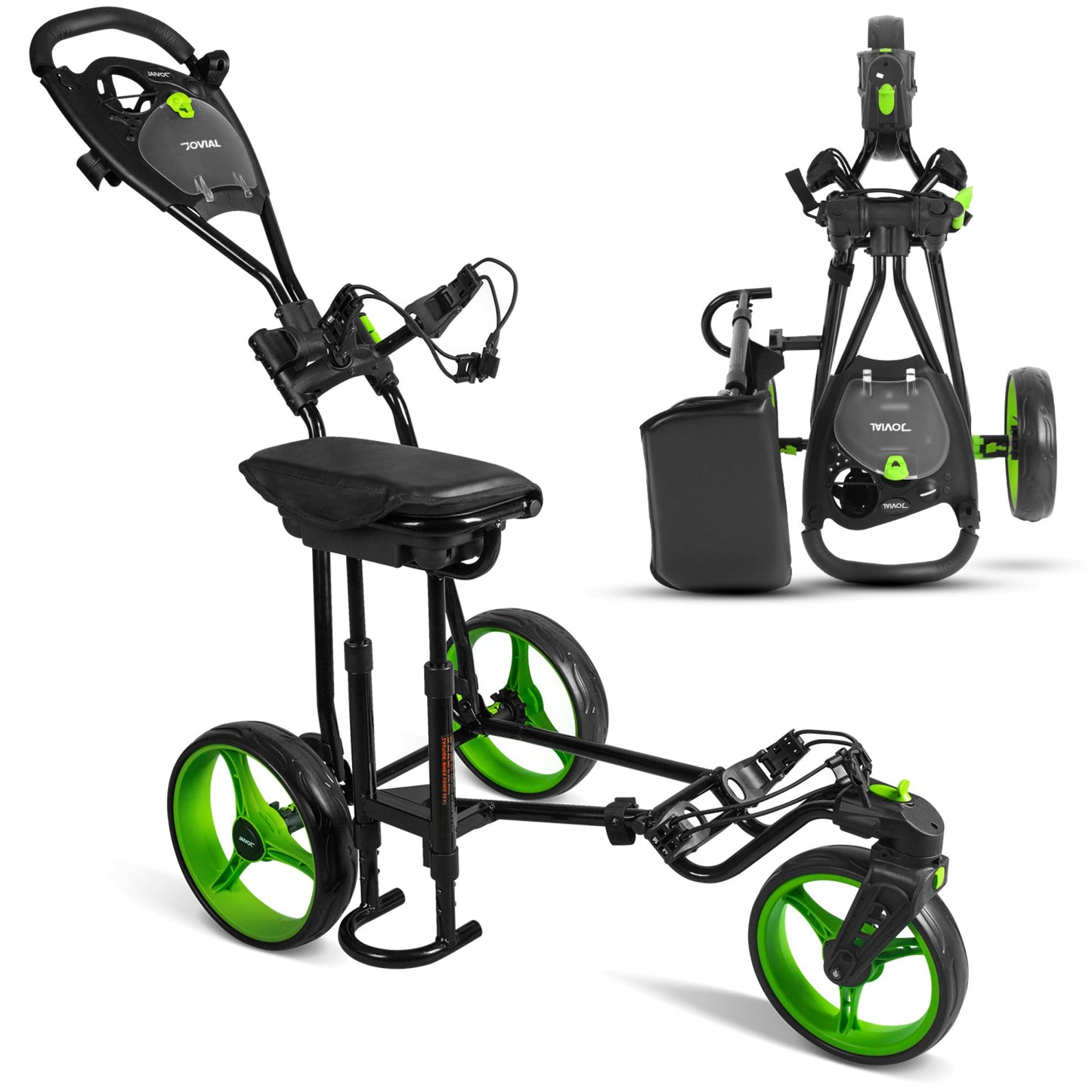 JOVIAL Golf Push Cart 3 Wheel - Lightweight Steel Frame Foldable Golf Bag Cart with Padded Adjustable Handle, Quick Brake System, Deluxe Scorecard Holder, Patented Bag Holder for Different Terrain