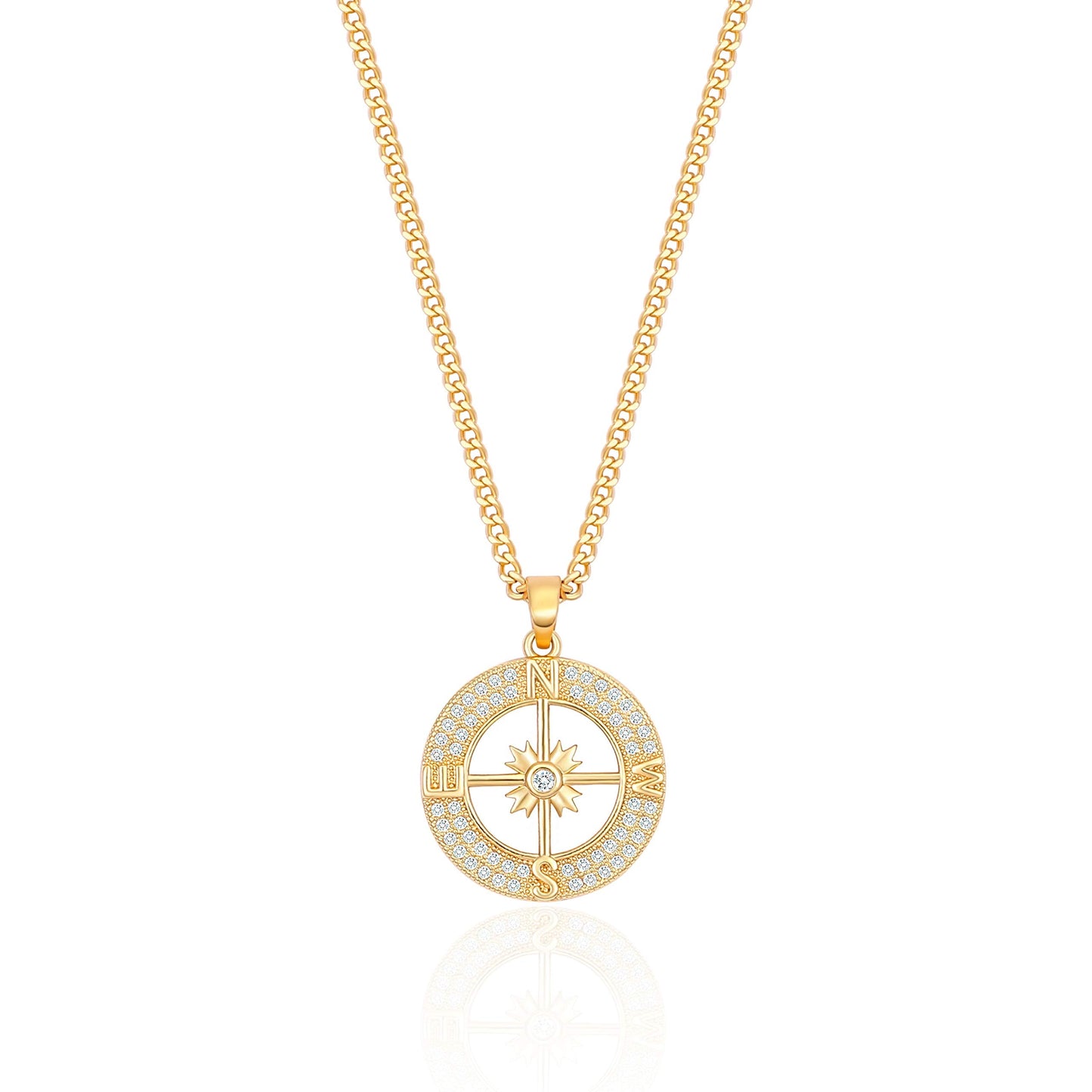 PEARLADA 18K Gold Plated Cuban Chain Compass Pendant Necklace with Micro-Inlaid Cubic Zirconia Halo Womens Handmade Navigation Travel Jewelry for Graduation Gift