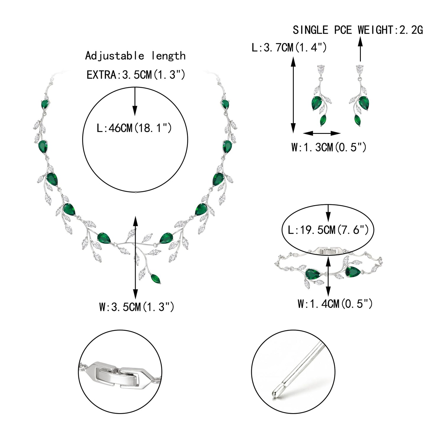 EVER FAITH Wedding Prom Jewelry Set for Women, Sparkly Green CZ Pear-Shaped May Birthstone Leaf Necklace Dangle Earrings Tennis Bracelet Sets for Party