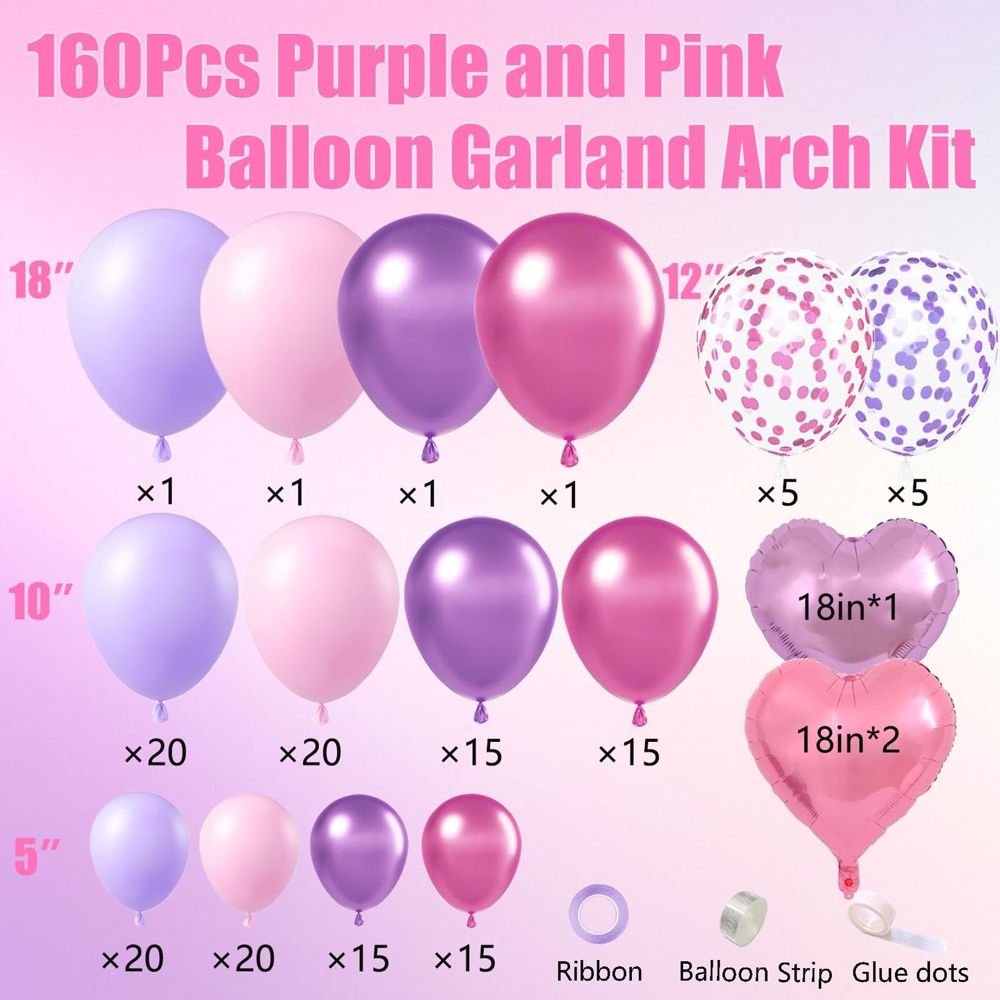 Pink Purple Balloon Garland Arch Kit,160Pcs Metallic Purple Magenta Balloons Pink and Purple Confetti Balloons with Heart Foil Balloon for Girl Birthday Bridal Baby Shower Party Decoration