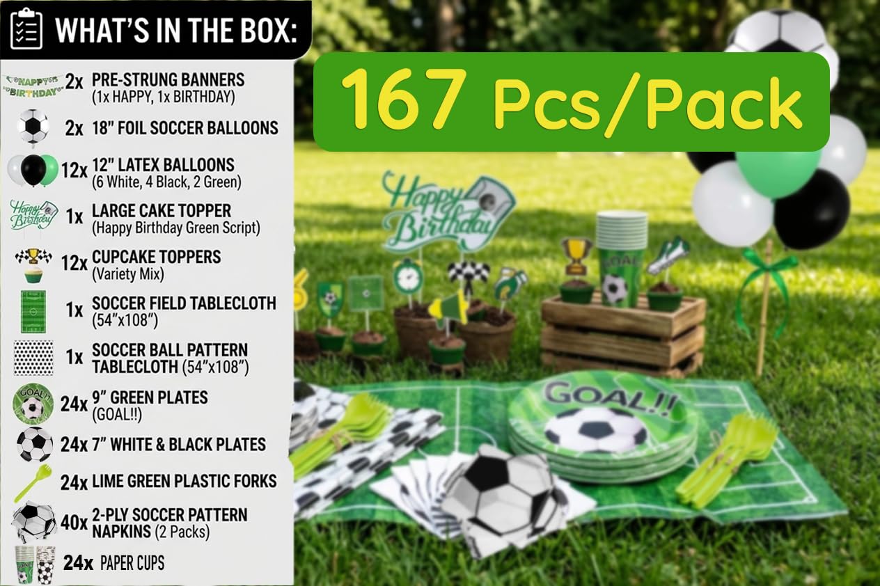 167 Pcs Soccer Party Decorations Birthday Kit Soccer Theme Party Supplies Set Serves 24 Guests Banners Balloons & Cake Toppers Indoor Outdoor Decor