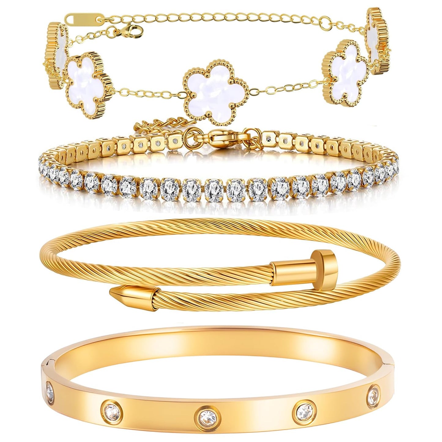 MEIERYA 18K Gold Plated Womens Stackable Floral Bracelets Set,Twisted Cable Bangle,Trendy Jewelry,Waterproof adjustable bracelet,Christmas Birthday Gifts for Girlfriend or Mother. (04-Color-white)
