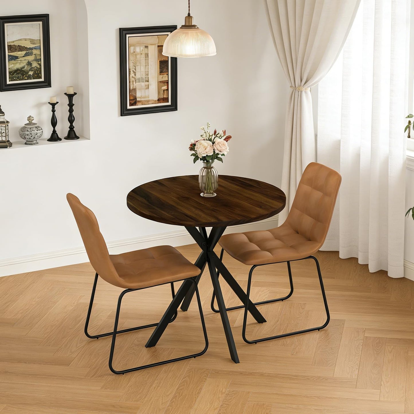 domusdisn 31.5" Round Dining Table Chairs Set for 2, Small Dining Table Chairs Set Space-Saving, Small Dinette Sets for 2 for Kitchen Dining Room Apartment(Walnut Table + Brown Chairs)