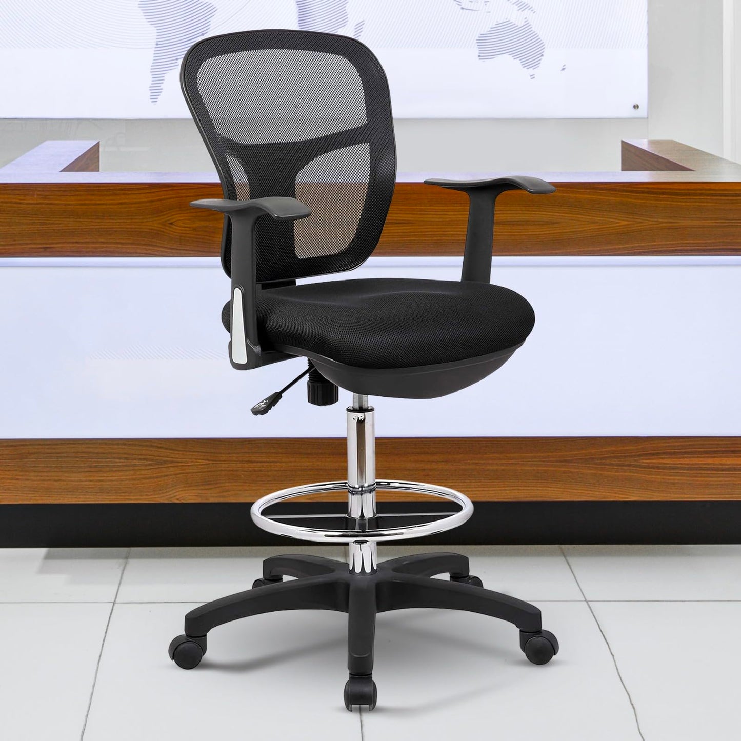 OfficeFactor Drafting Chair Tall Office Chair with Arms Executive Ergonomic Standing Desk Chair with Anti Scratch Wheels and Footrest