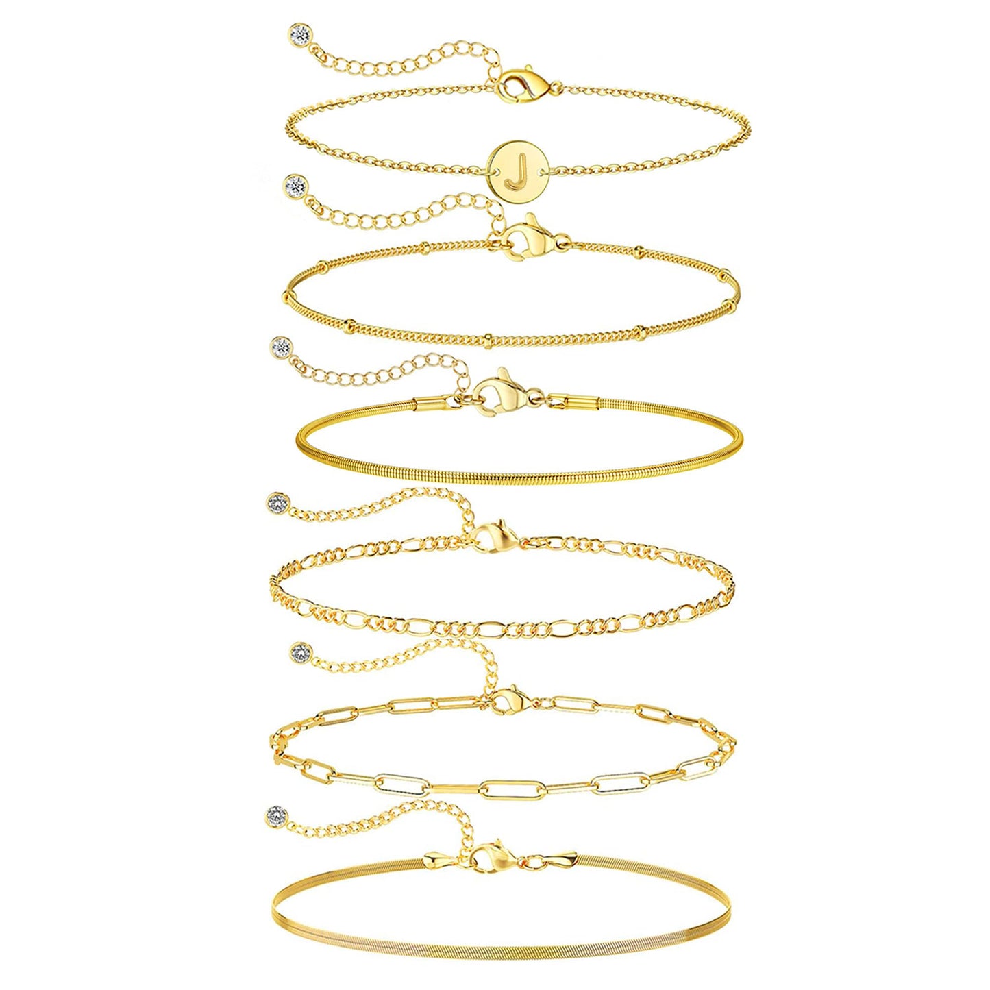 Lydow Bracelets for Women, Stack Jewelry Set Initial J Chain Stackable Letter Teen Accessories Pulseras Para Mujer 6 Inch 6PCS