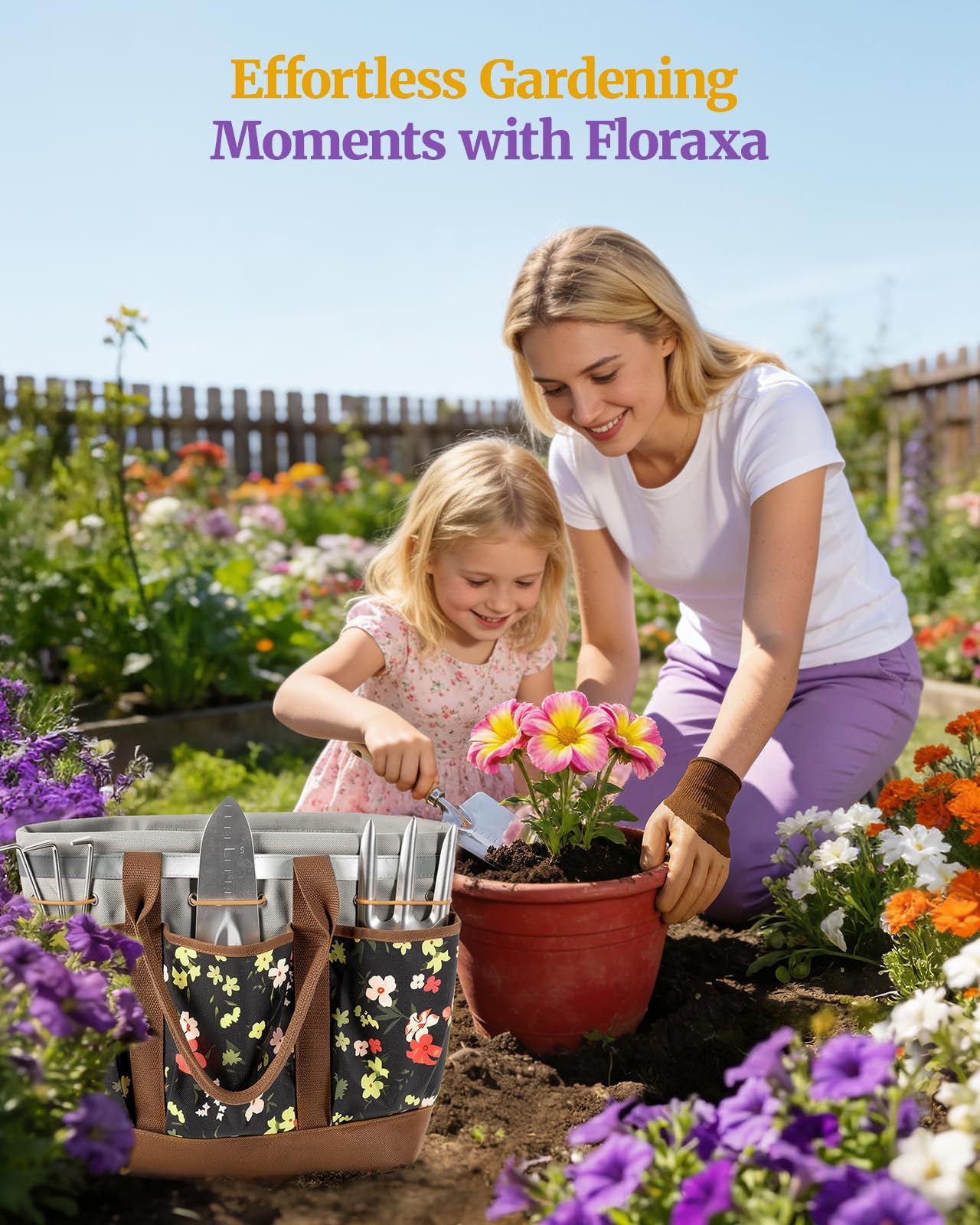 Floraxa 10-Piece Garden Tool Set, Heavy-Duty Stainless Steel Rust-Proof Gardening Tools with Ergonomic Wood Handles, Reinforced Organizer Handbag for Planting, Gardening Gift Set for Women, Mother