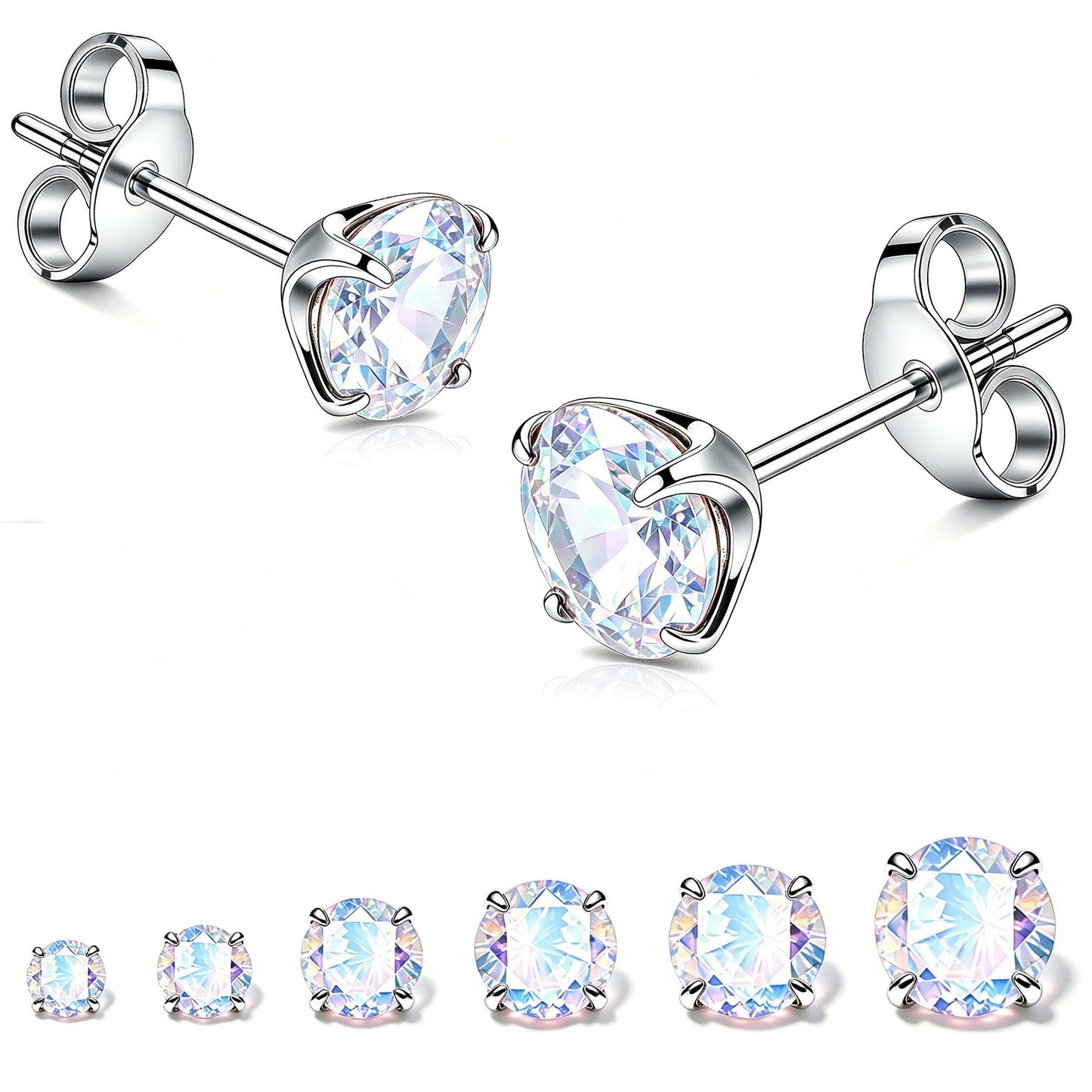 LNIEER 6 Pairs Surgical Steel Stud Earrings for Women, Hypoallergenic Fashion Earring Set, Premium Cubic Zirconia Studs Earrings 3-8mm (Aurora Borealis CZ)