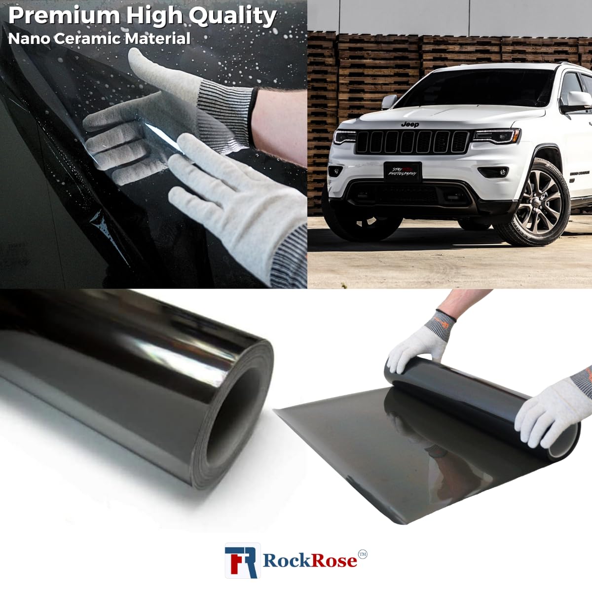 RockRose 20% Nano Ceramic Car Window Tint 60 in x 100FT 2PLY Privacy Film Heat Block, 99% UVR, and 85% IRR Block for Auto or Home Strong Adhesive, Easy Shrink, Plotter Friendly - Charcoal