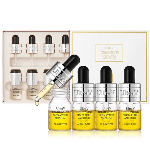 Ultra V Idebenone Signature Ampoule - Anti Aging Antioxidant Serum – Peptides, Niacinamide, Hyaluronic Acid – Anti Wrinkle, Smoothes, Softens Skin - 0.27 fl.oz 4 Packs 12,000ppm