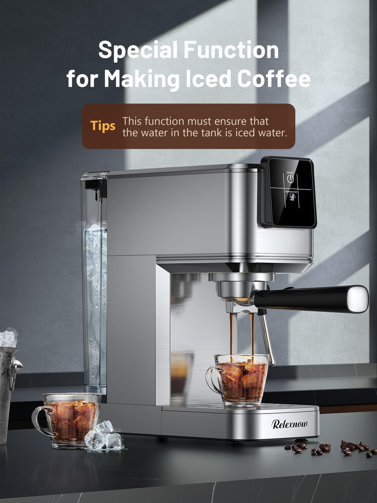 RELEXNOW Espresso Machine, 20 Bar Espresso Maker Milk Frother & LCD Panel, Hot & Iced Coffee Machine, Stainless Steel Espresso Coffee Machine with 41oz Water Tank for Cappuccino, Latte
