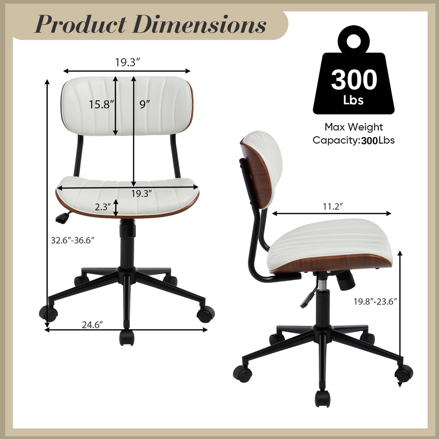 Fashionom Modern Walnut Home Office Chair，Adjustable Height Desk Chair with Wheels，Armless Computer Chair for Office, Reading Meeting Room, White