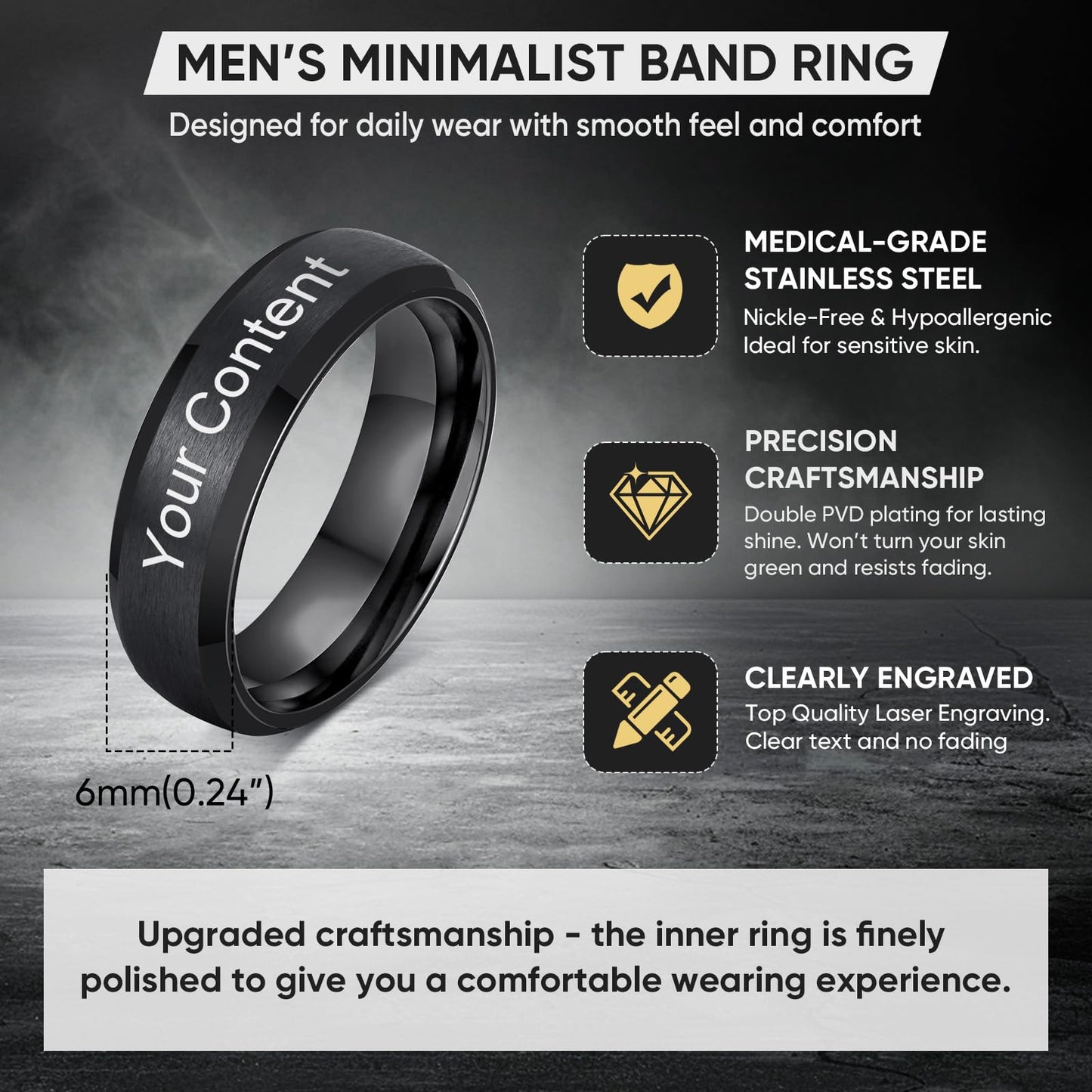 VNOX Customize Jewelry 6MM Black Stainless Steel Beveled Edge Matte Brushed Finish Rings for Men Women,Size 8