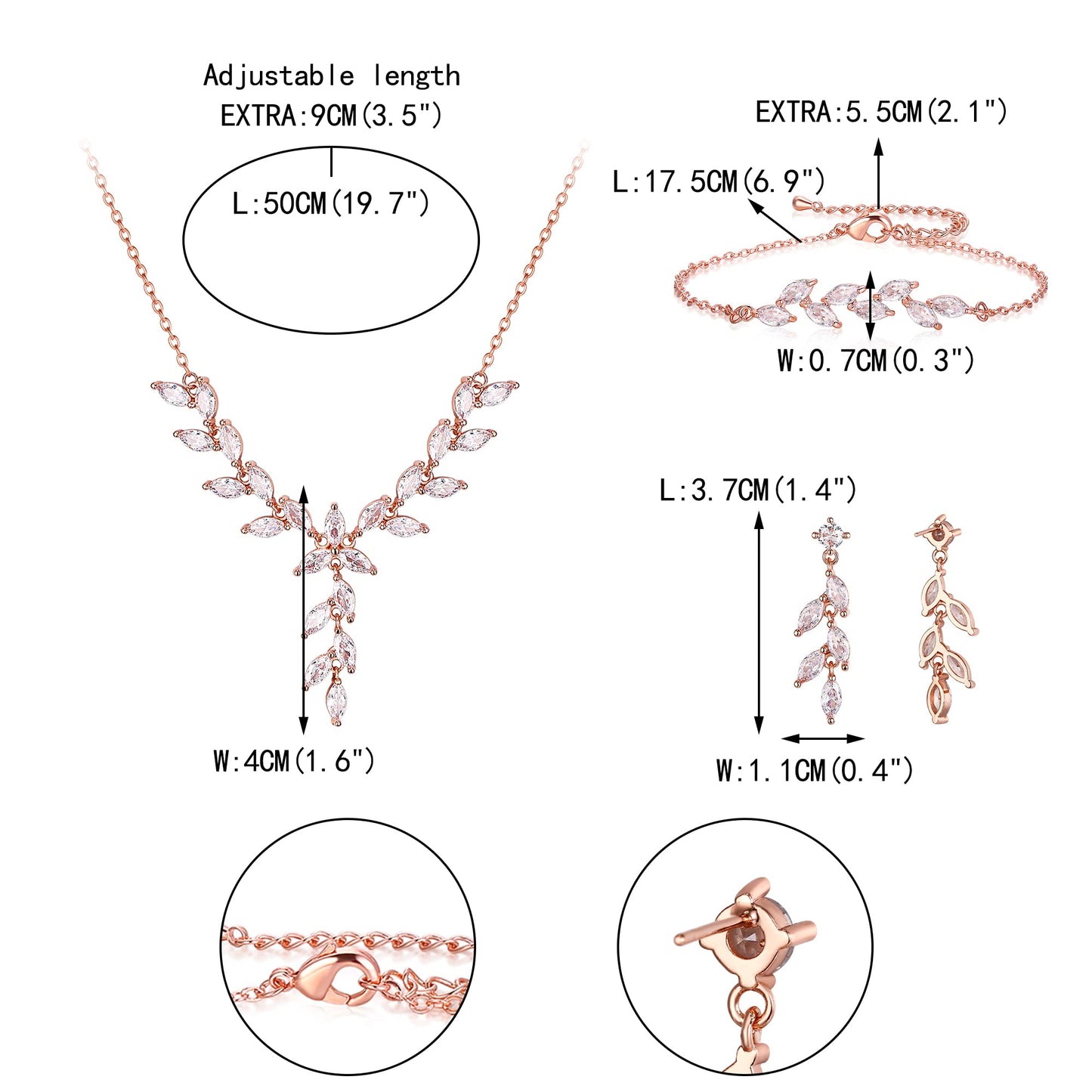 EVER FAITH Wedding Cubic Zirconia Jewelry Sets for Bride Bridesmaid, Sparkly Marquise Leaf Necklace Dangle Earrings Bracelet Set for Woman Clear Rose Gold-Plated-Brass