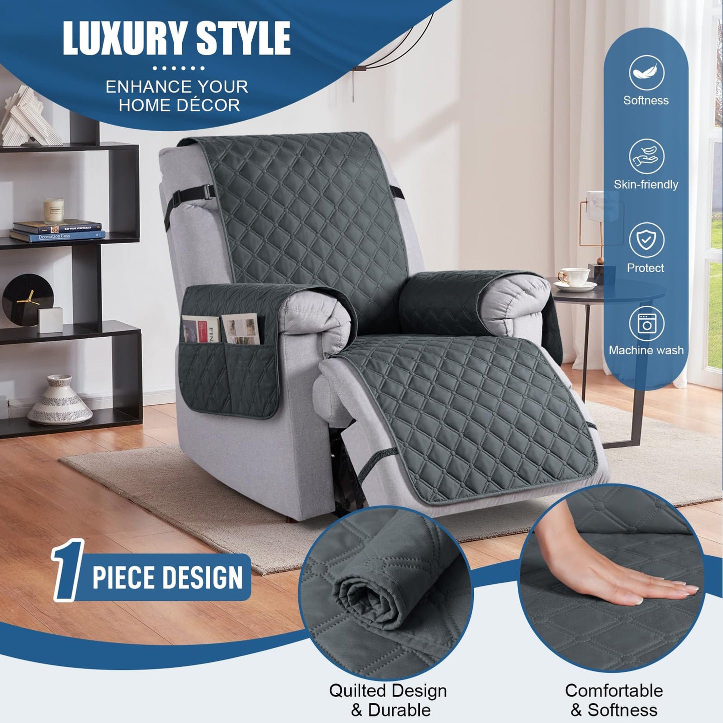 TAOCOCO 100% Waterproof Recliner Covers, Recliner Sofa Covers with Leg Straps, Reversible Recliner Couch Cover for Reclining Chair, Washable Couch Protector for Pets Kids(1 Seater 22", Dark Gray)