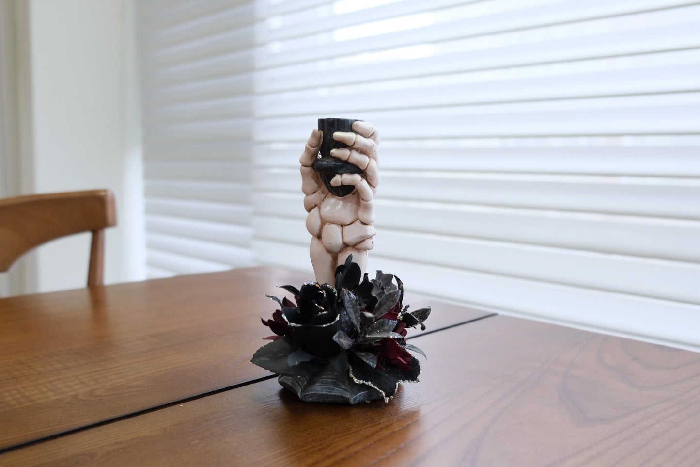 LushNook Halloween Candle Holder, Resin Skeleton Hand Candlestick with Black Faux Flower, Halloween Decor for Home Table, 7" Height"