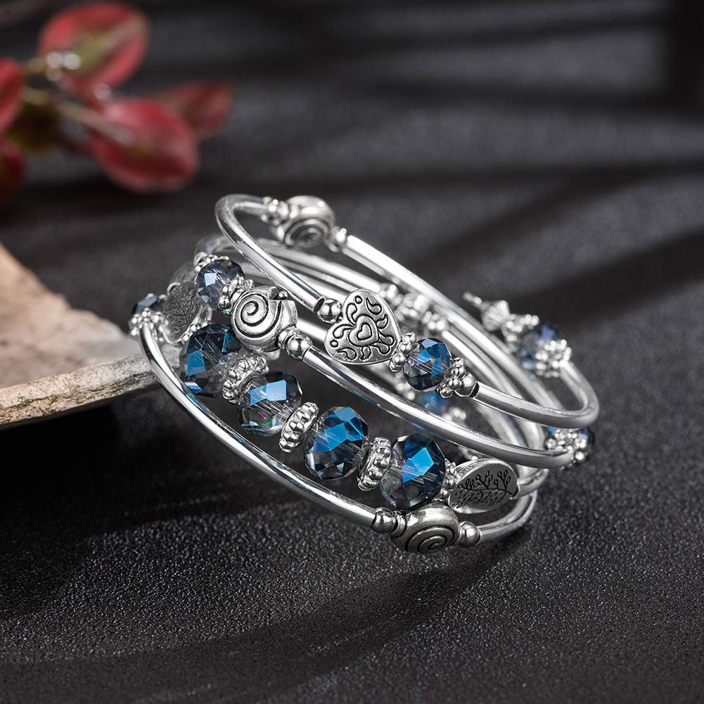 PEARL&CLUB Bead Crystal Wrap Bangle Bracelet - Fashion Jewelry Beaded Bracelet with Silver Metal, Gifts for Women(23-Transparent blue)