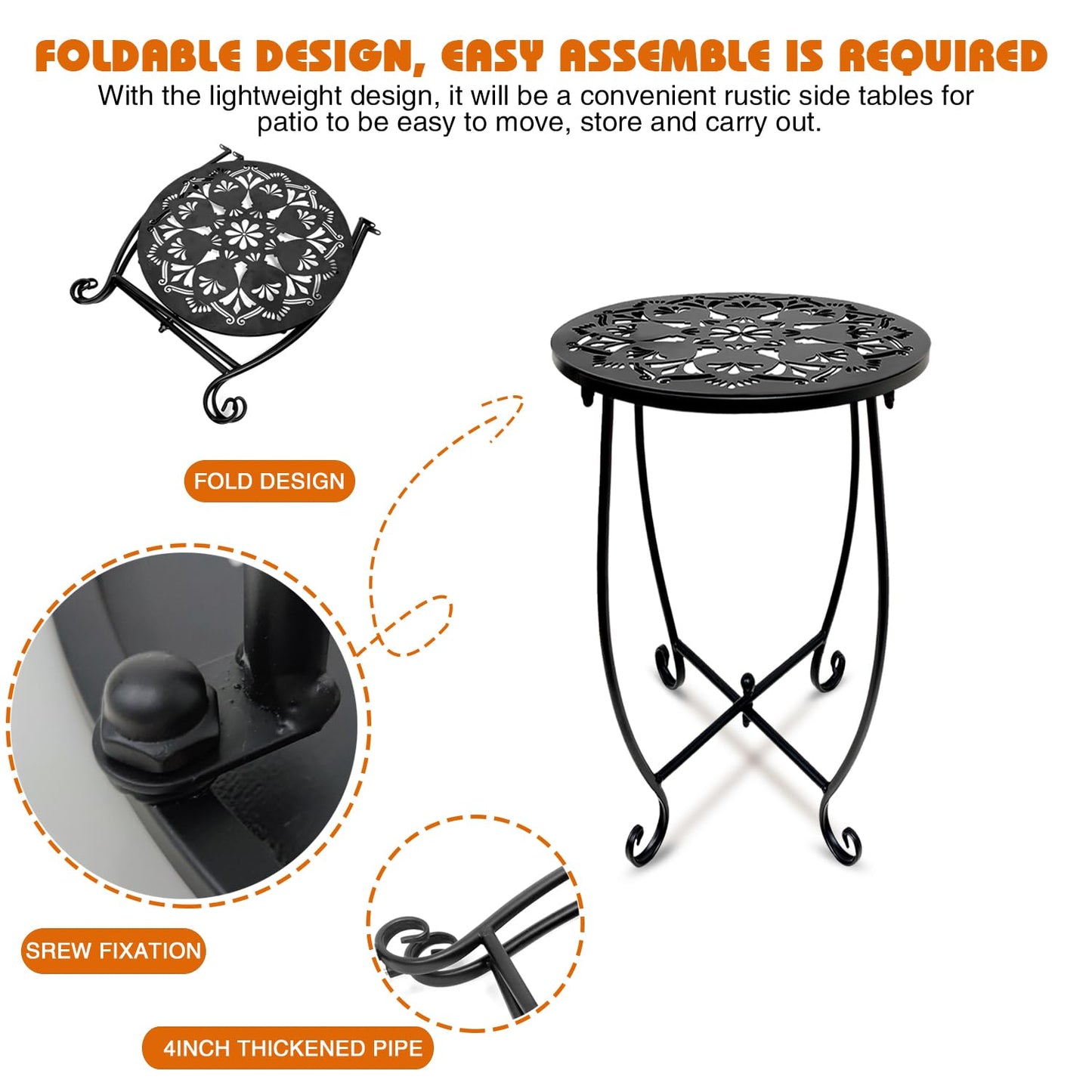 Fashion&cool Outdoor Side Tables, Weather Resistant Metal Patio Side Table, Small Round Outdoor End Table Side Table for Patio Yard Porch Balcony Garden Bedside, Plant Stand for Indoor Outdoor