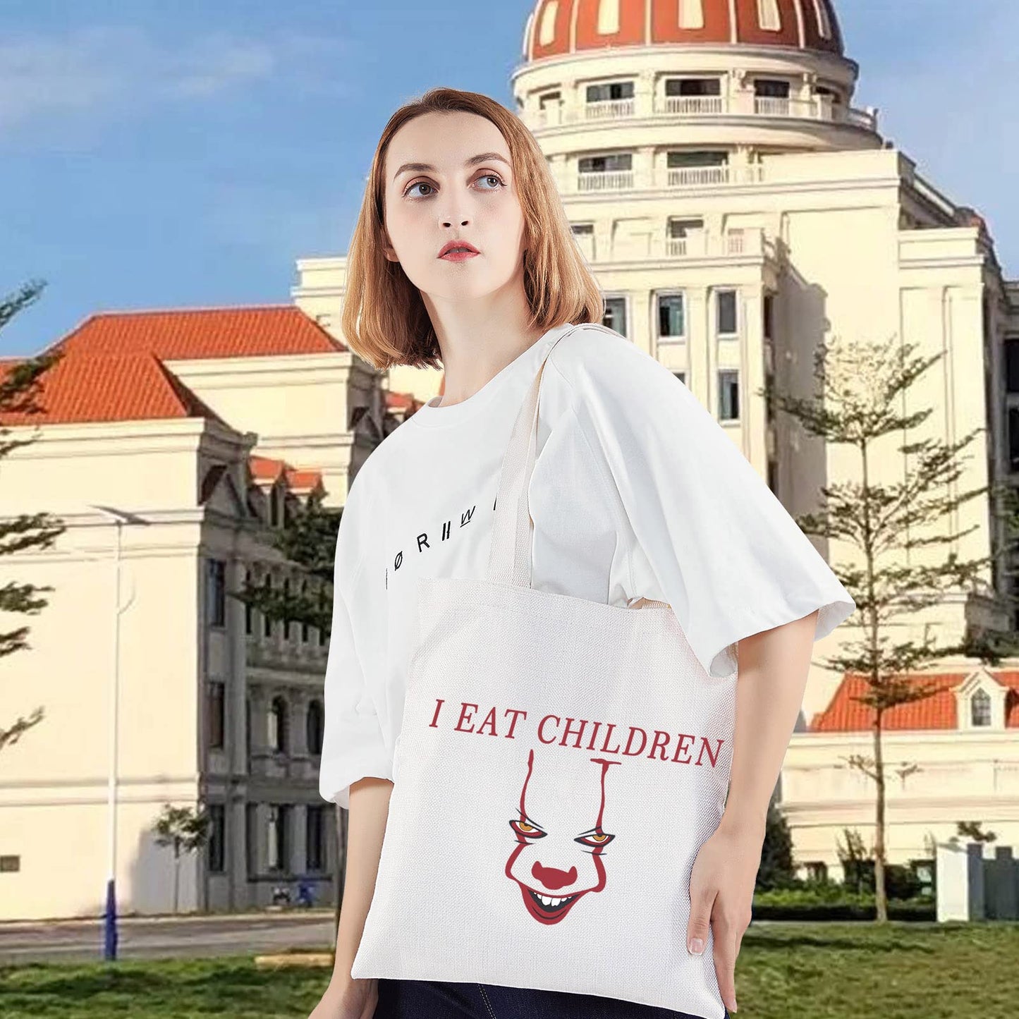LEVLO Clown Cosmetic Make Up Bag Clown Fans Gift I Eat Children Makeup Zipper Pouch Bag Horror Movie Merchandise(Eat Children Tote)