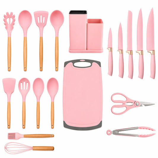 19-Piece Pink Kitchen Set for First Apartment - Complete Silicone Cooking Utensils with Wooden Handles, Pink Knife Set, Cutting Board & Holder - All-in-One Kitchen Starter Kit for New Home, BPA-Free