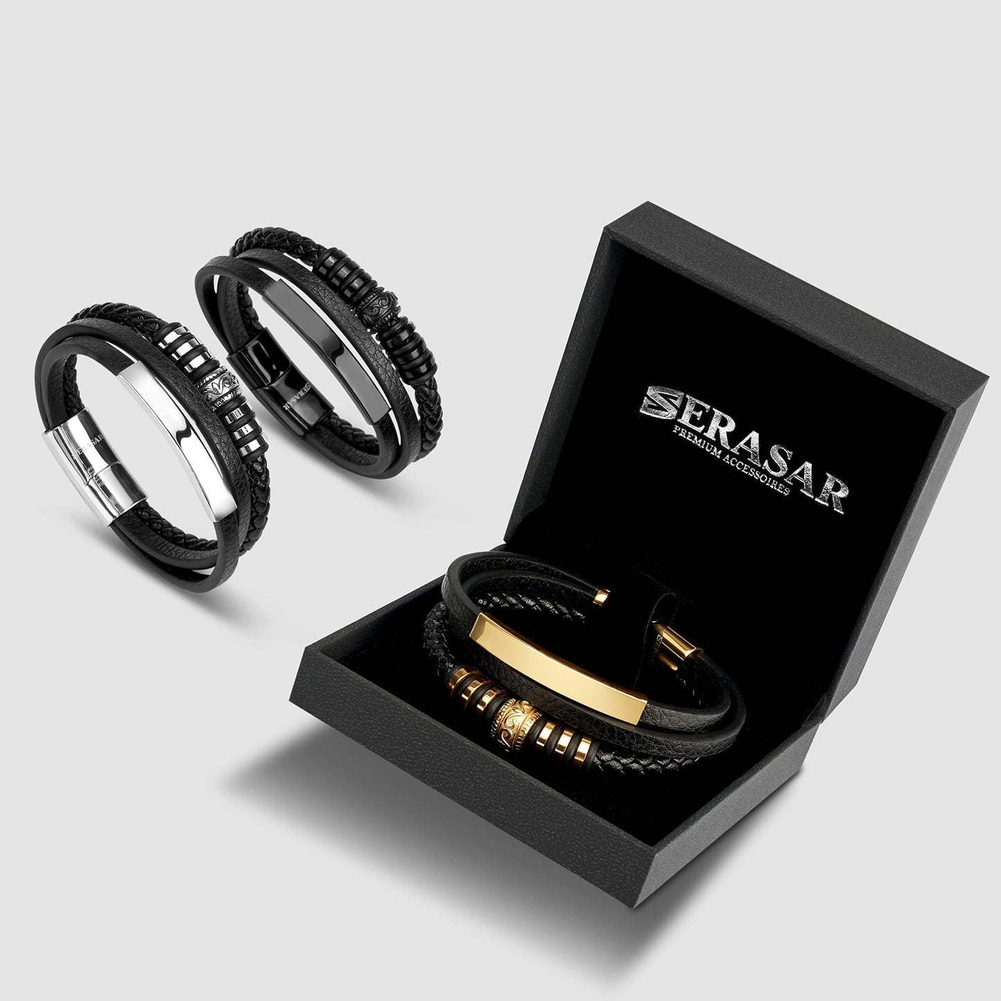 SERASAR Gold Bracelets for Men 17cm Bracelet Gift Box Genuine Leather Cowhide Braided Adjust Able Magnetic Clasp Multi Layer Wrap Rope Man Mans Male Band Jewelry Magnet Accessories