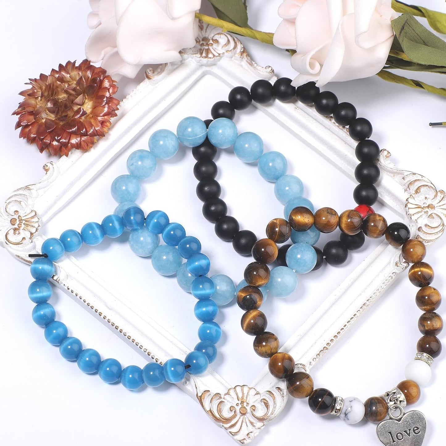 NITOPUPU 100Pcs 8mm Smooth Picasso Jasper Beads for Jewelry Making, Natural Round Loose Gemstone Stone Bead for Necklace Bracelets, Crafts for Adults with Crystal Stretch Cord