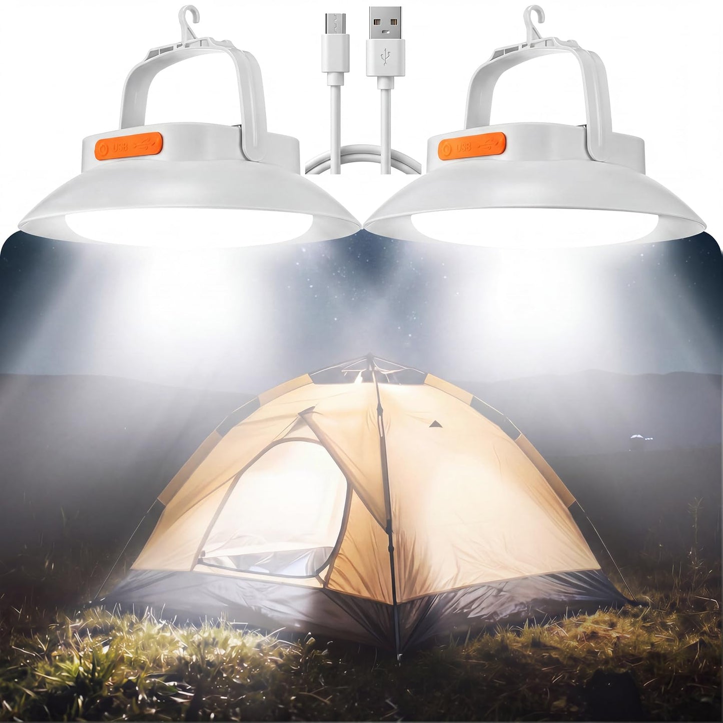 Grinsvalley 2Pcs 1700LM USB Rechargeable Hanging Tent Lighting with Magnetic Hanging Waterproof Solar Portable LED Camping Lantern 3 Lighting Modes for Canopy Hurricane Emergency Power Outages (White)
