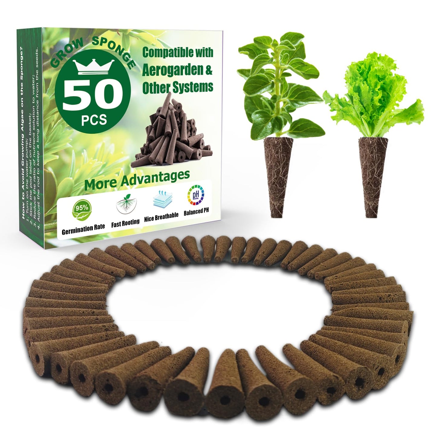 Aooccder Seed Starter Grow Sponges for Aerogarden, PH-Balanced Refill-Seed Pods Replacements for Indoor Hydroponic System, 50 Pack, Brown