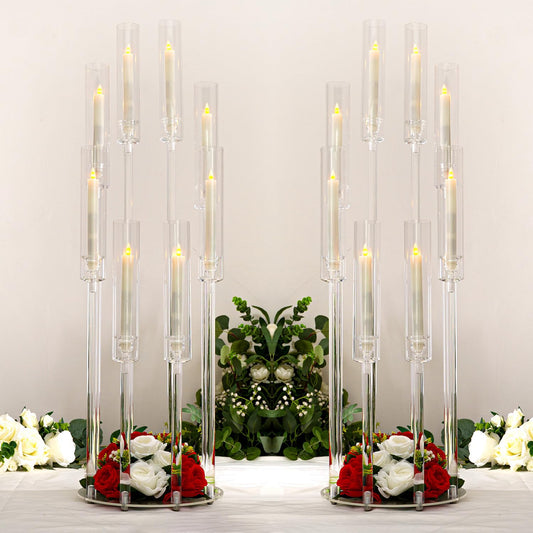 2PCS Acrylic Candelabra Centerpieces,Tall Clear Floor Candelabra for Wedding 8 Arm Candle Holder with Acrylic Shade Circular Base for Party Table Decoration Fit 0.87 LED Candle