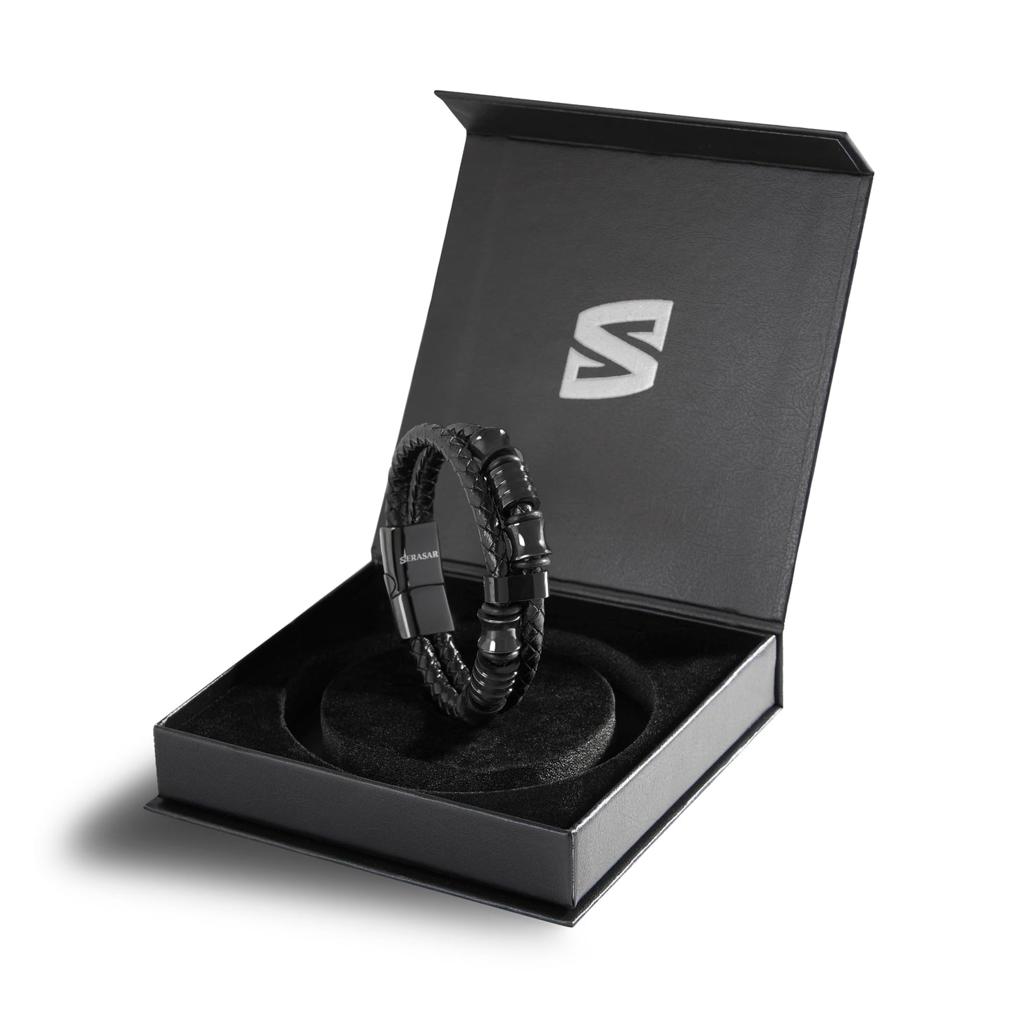 SERASAR 9″ Black Leather Bracelets for Men Mens Cowhide Gift Box Braided Bracelet Stainless Steel Jewelry Wrist Band Cuff Wrap Rope Bangle Dad Man Pulseras para Hombres Cuero Regalo